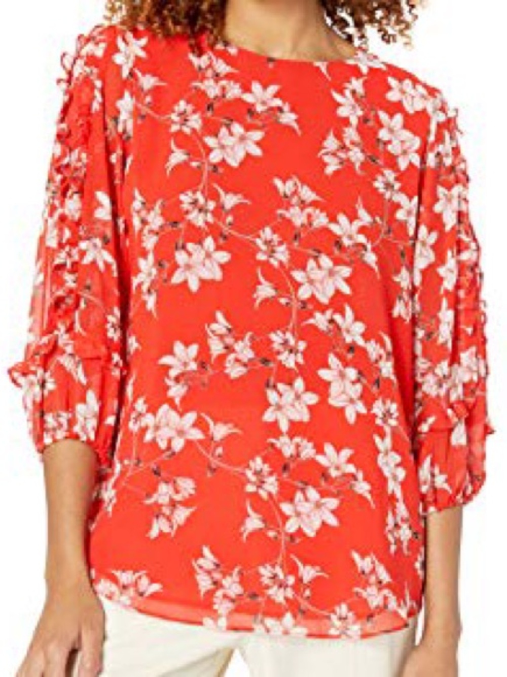Calvin Klein Red Floral Ruffle-Sleeve Blouse